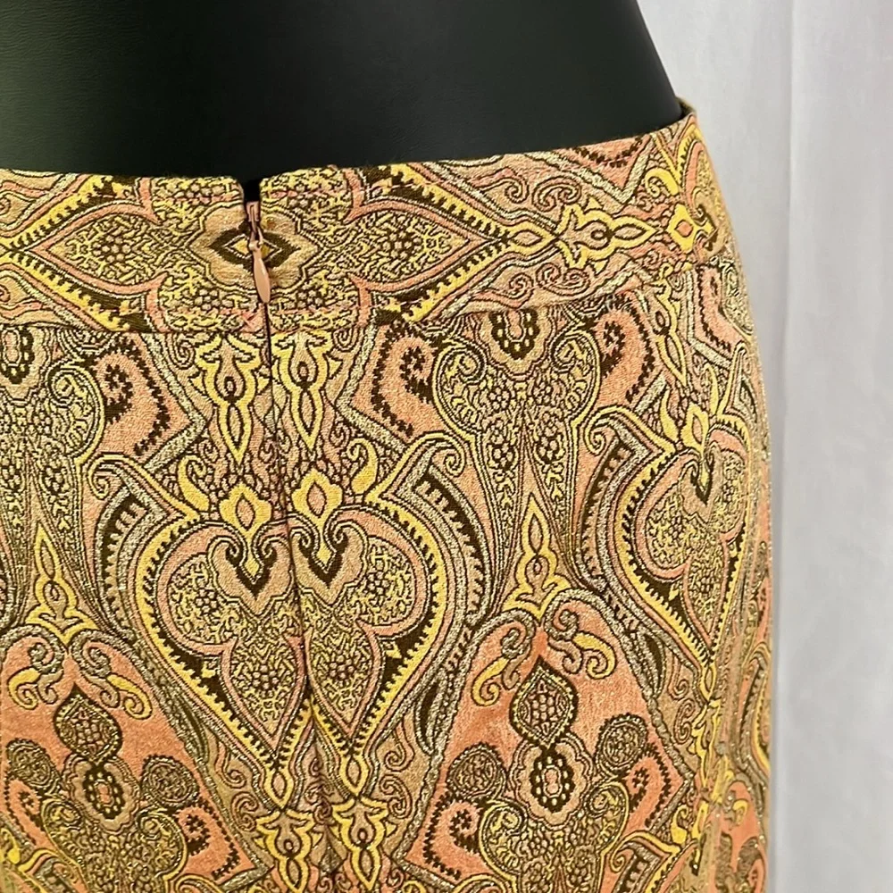 Talbots Pink Yellow & Metallic Gold Jacquard Print Silk Blend Pencil Skirt